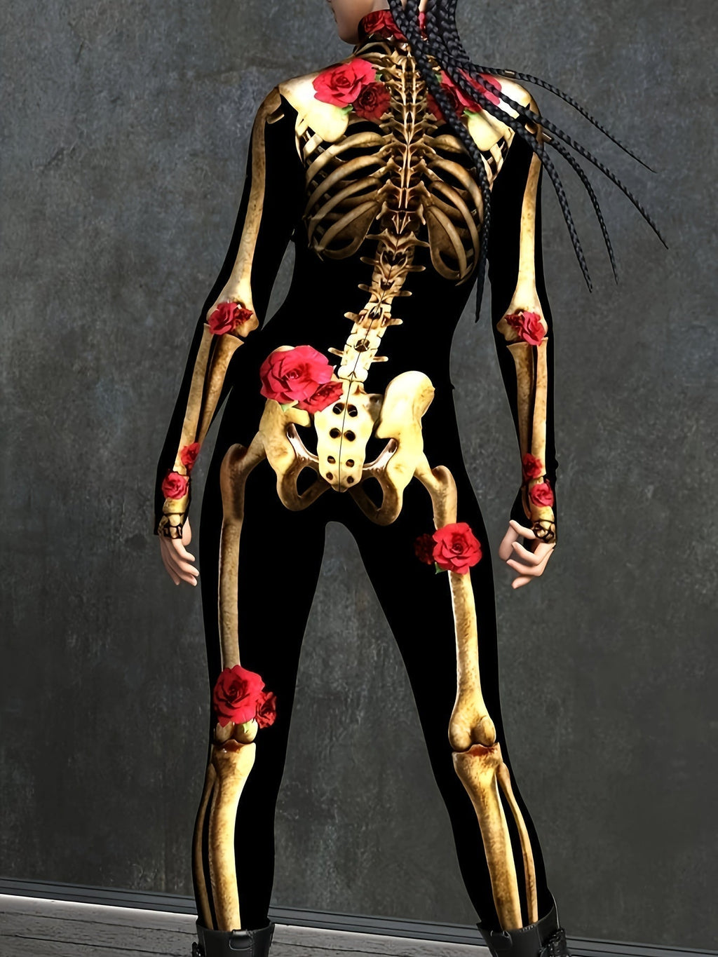 Damen Jumpsuit mit Skelettdruck | Mikroelastischer Polyester Jumpsuit mit Rosenmuster | Halloween Kostüm | Schmid