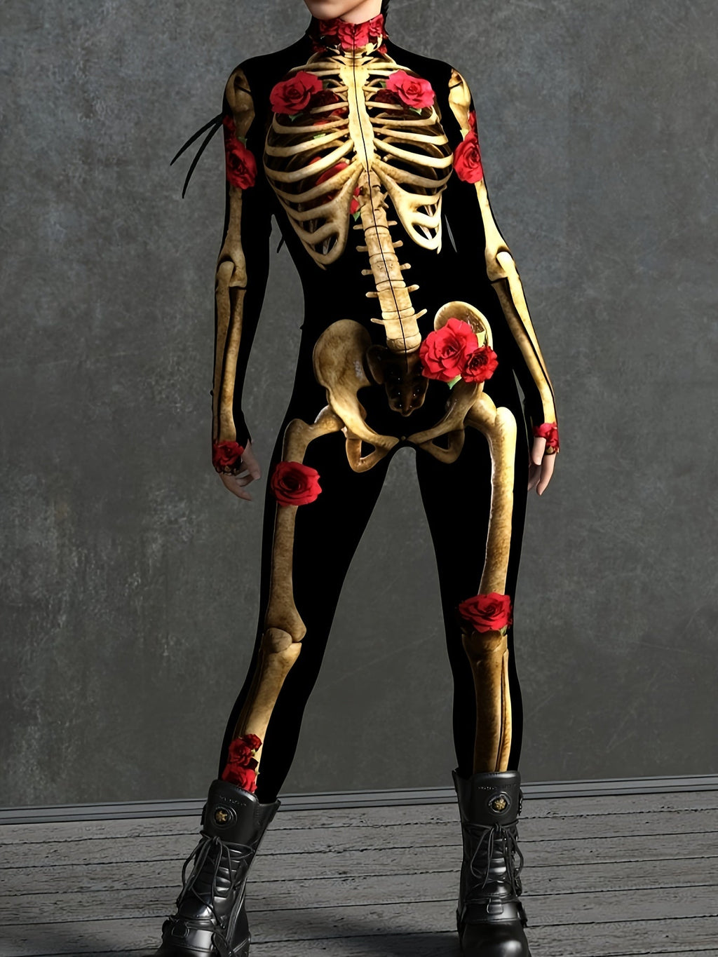 Damen Jumpsuit mit Skelettdruck | Mikroelastischer Polyester Jumpsuit mit Rosenmuster | Halloween Kostüm | Schmid