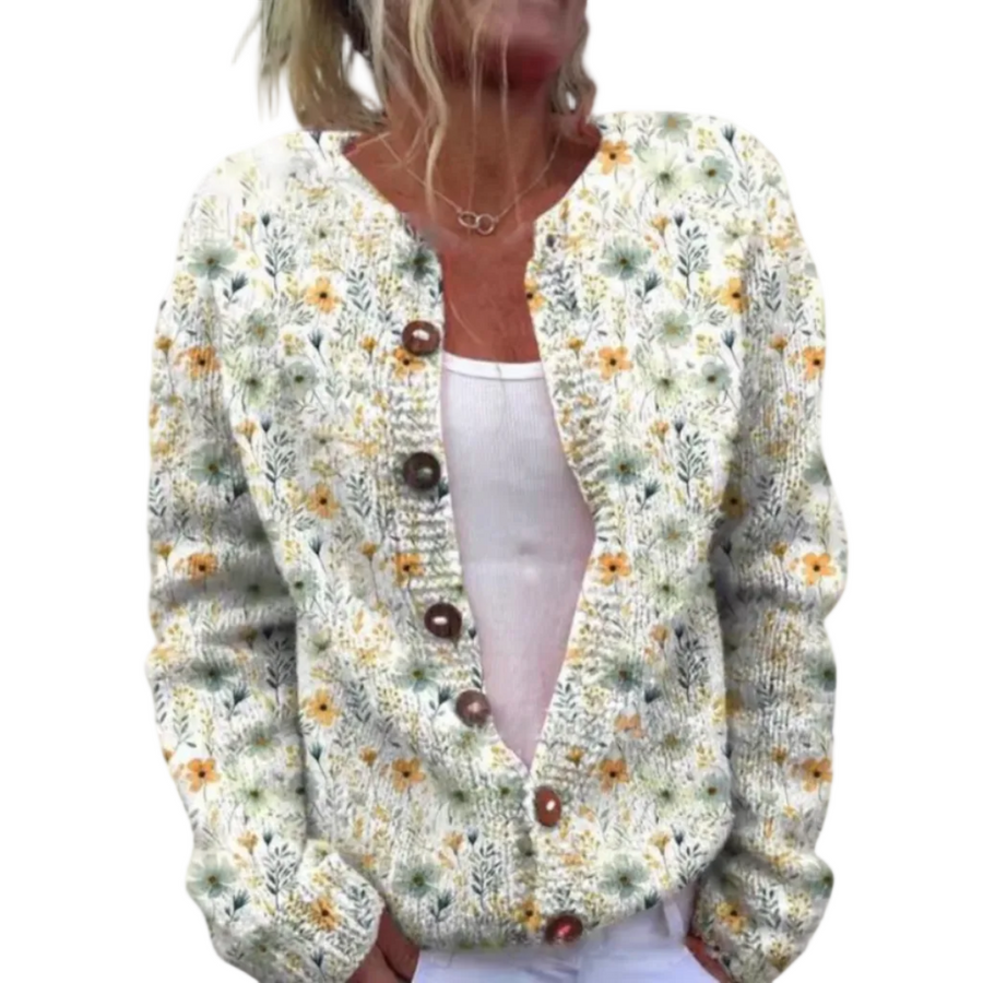 Damen Strickpullover aus Polyester | Rundhals Pullover mit Blumenmuster und Knopfleiste | Alltag und Freizeit | Schmid