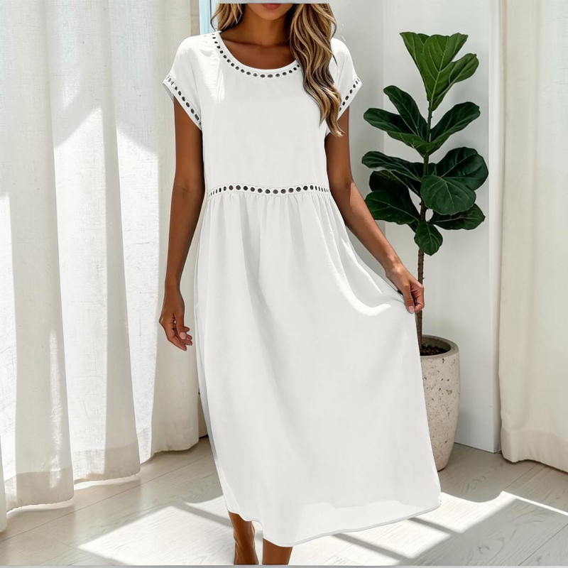 Damen Maxikleid | Kurzarm Maxikleid mit Rundhalsausschnitt | Reguläre Passform Baumwollkleid | Schmid