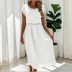 Damen Maxikleid | Kurzarm Maxikleid mit Rundhalsausschnitt | Reguläre Passform Baumwollkleid | Schmid