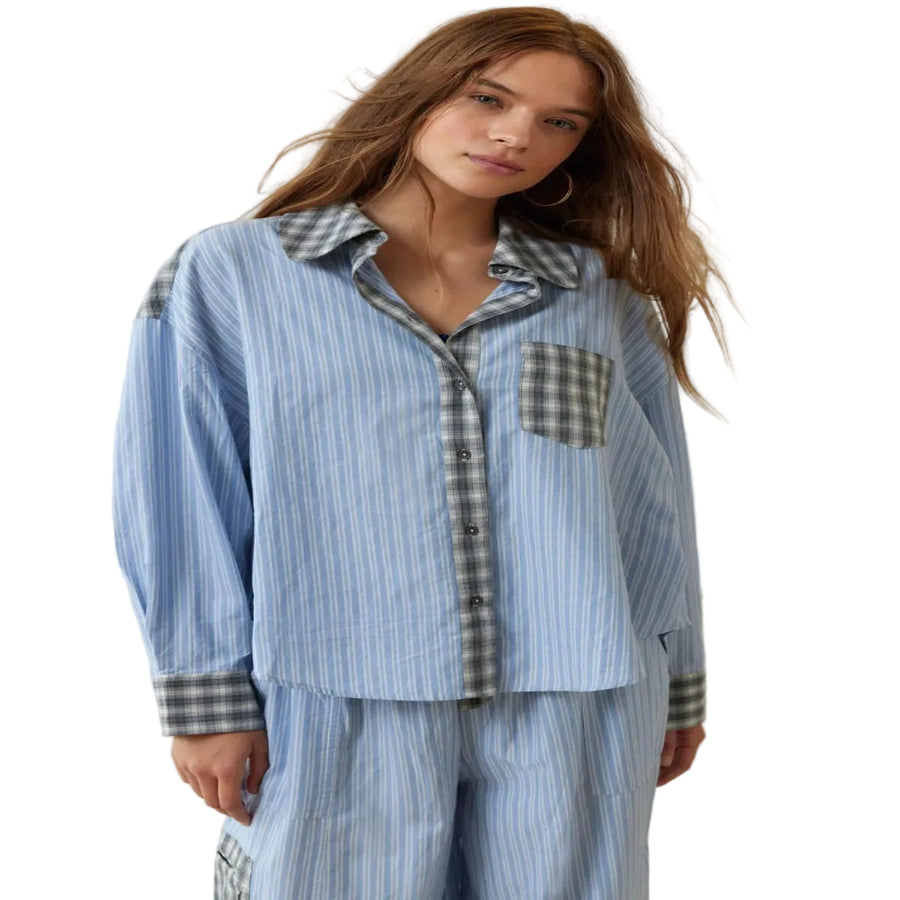 Damen - Pyjama Set Zweiteiliger Hausanzug mit Hemd und Hose aus Baumwolle