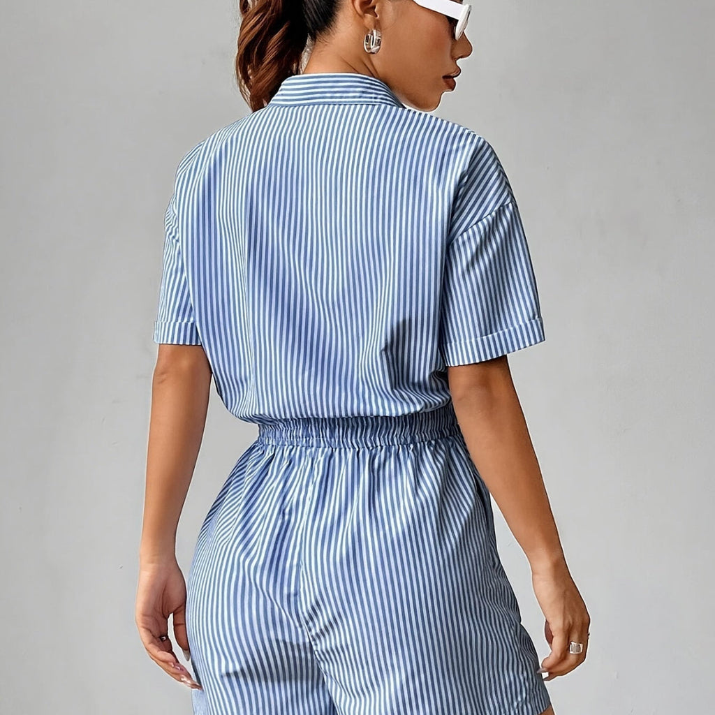 Damen Jumpsuit aus Polyester | Gestreifter Jumpsuit mit Regulärer Passform | Kurzarmdesign für Alltag und Freizeit | Schmid
