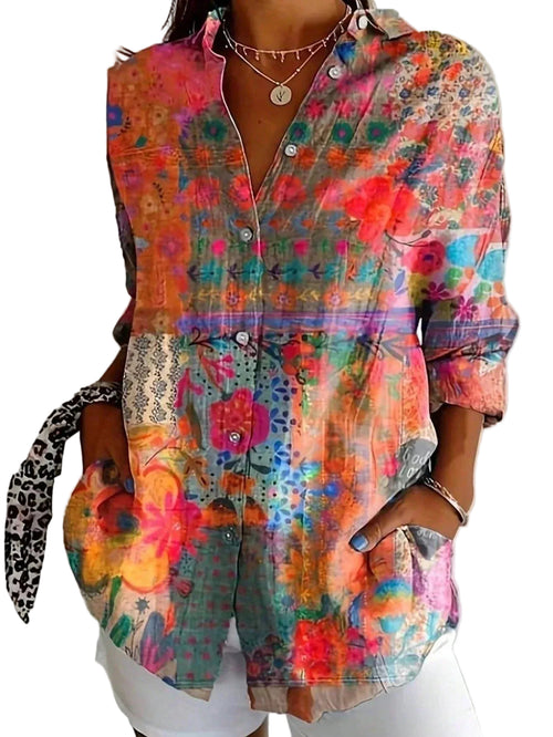 Blumige - Bluse Leichte Bluse mit Knopfleiste und Kragen