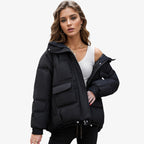 Damen Pufferjacke mit Kapuze | Polyester mit Oversized-Passform & Großen Fronttaschen | Verstellbarer Kordelzugsaum zum Schichten | Schmid