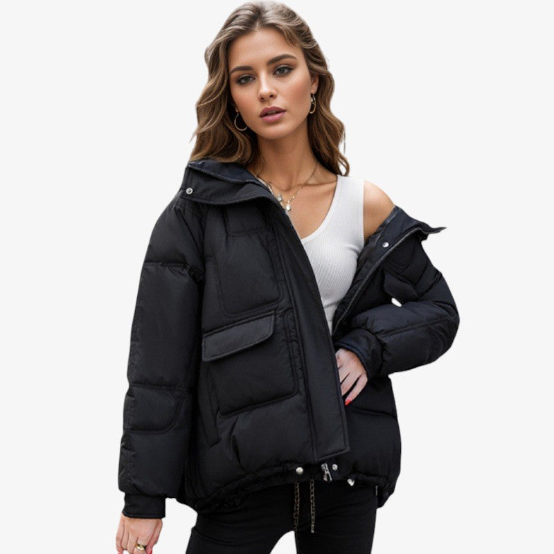 Damen Pufferjacke mit Kapuze | Polyester mit Oversized-Passform & Großen Fronttaschen | Verstellbarer Kordelzugsaum zum Schichten | Schmid
