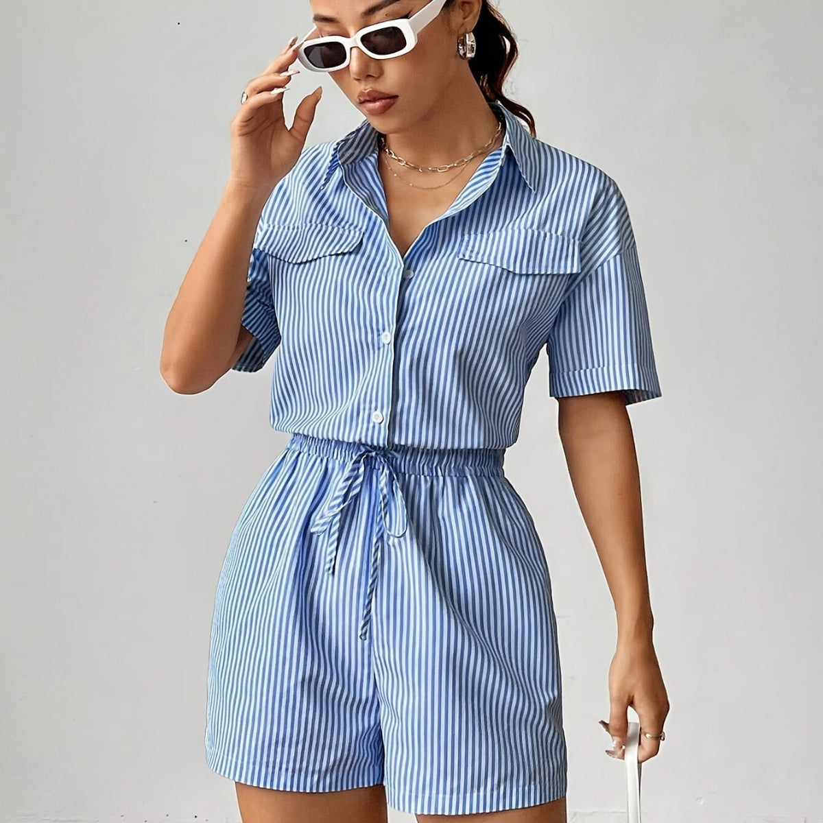 Damen Jumpsuit aus Polyester | Gestreifter Jumpsuit mit Regulärer Passform | Kurzarmdesign für Alltag und Freizeit | Schmid