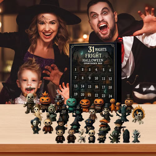 Halloween Countdown Box PVC-Mix | 31 Mini Figuren & Dekorationen | 30 × 24 × 2,8 cm Saisonales Countdown-Set | Schmid