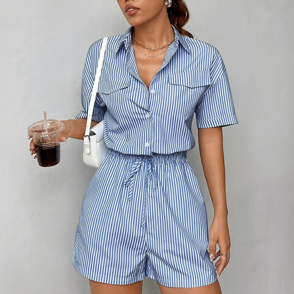 Damen Jumpsuit aus Polyester | Gestreifter Jumpsuit mit Regulärer Passform | Kurzarmdesign für Alltag und Freizeit | Schmid