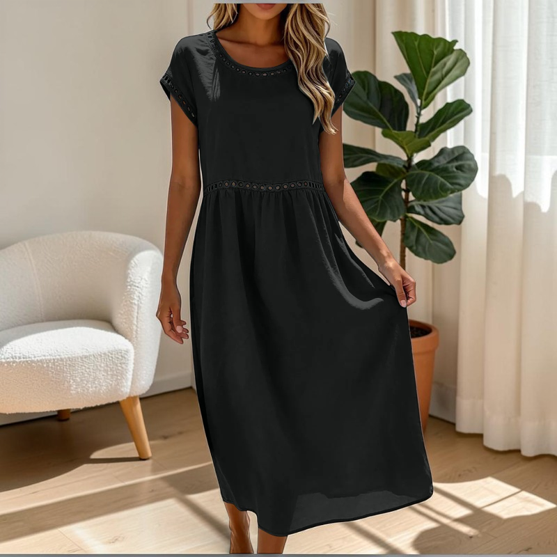 Damen Maxikleid | Kurzarm Maxikleid mit Rundhalsausschnitt | Reguläre Passform Baumwollkleid | Schmid