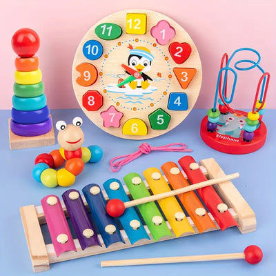 Eduquest 5-in-1 montessori set | ntürliches lrnspielzeug aus holz für bbys ab 6 monaten