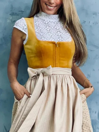 Damen Dirndl Kleid aus Textilmaterial | Reguläre Passform Midikleid | Spitzenbluse mit Schürzenrock für Festivals & Events | Schmid