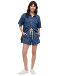 Damen Zweiteiliges Denim Set | Kurzarm Bluse mit Kragen und Shorts mit Elastischem Bund | Freizeitbekleidung | Schmid