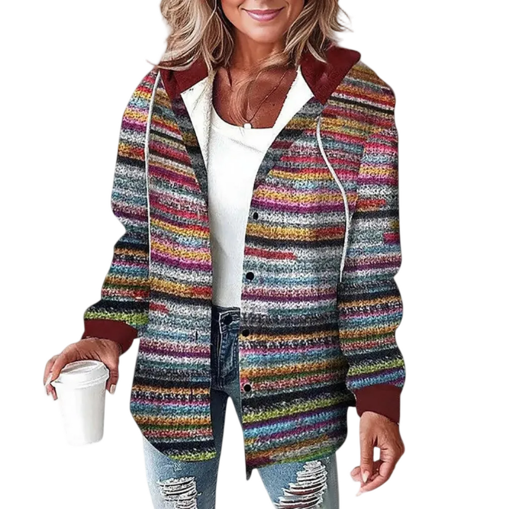 Damen Kapuzenjacke mit Karomuster | Langarm Polyester Jacke mit Knopfverschluss | Jacke zum Layering | Schmid