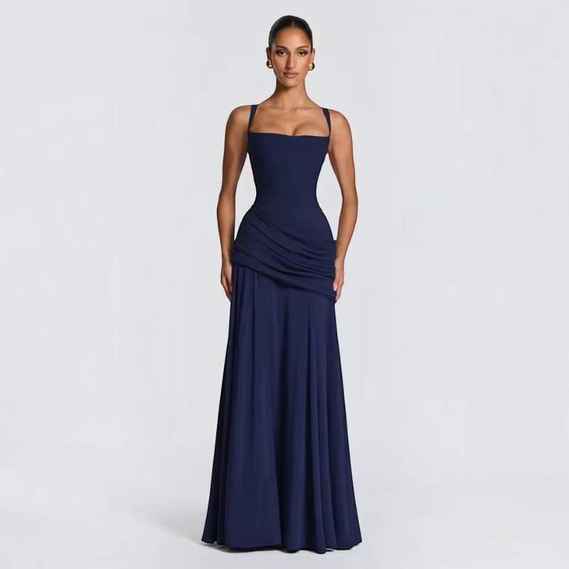 Damen Maxikleid | Maxikleid mit Spaghetti-Trägern | Reguläres Maxikleid mit Raffungen | Schmid