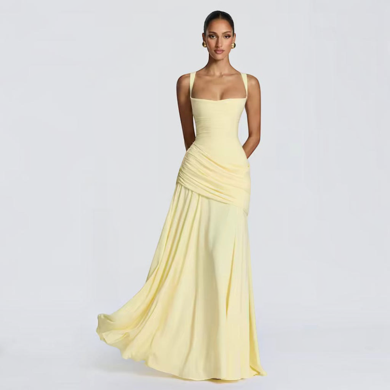 Damen Maxikleid | Maxikleid mit Spaghetti-Trägern | Reguläres Maxikleid mit Raffungen | Schmid