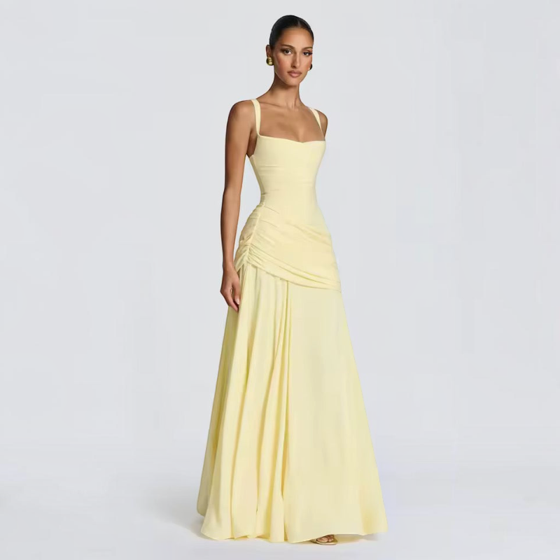 Damen Maxikleid | Maxikleid mit Spaghetti-Trägern | Reguläres Maxikleid mit Raffungen | Schmid