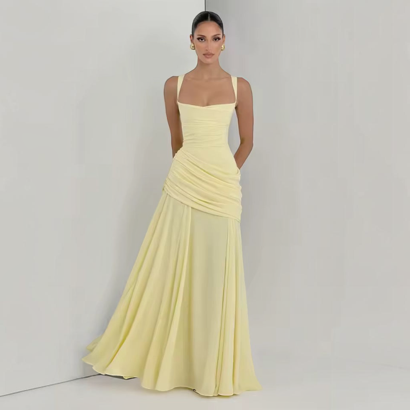 Damen Maxikleid | Maxikleid mit Spaghetti-Trägern | Reguläres Maxikleid mit Raffungen | Schmid