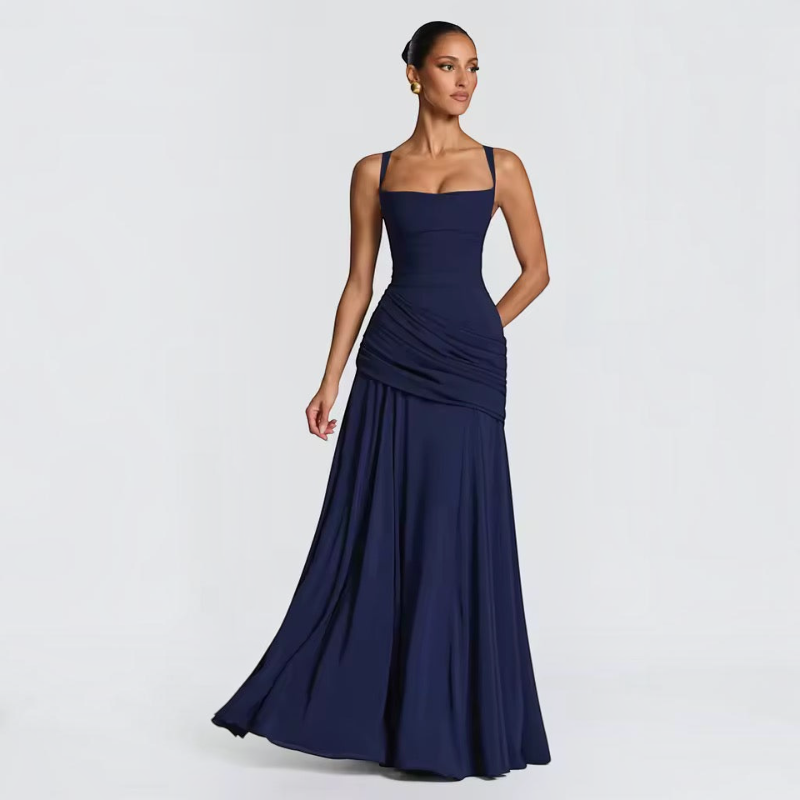 Damen Maxikleid | Maxikleid mit Spaghetti-Trägern | Reguläres Maxikleid mit Raffungen | Schmid
