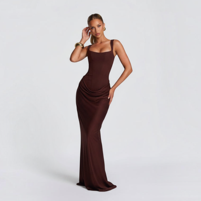 Damen Maxikleid | Maxikleid mit Quadratischem Ausschnitt | Reguläres Ärmelloses Kleid mit Hoher Taille | Schmid