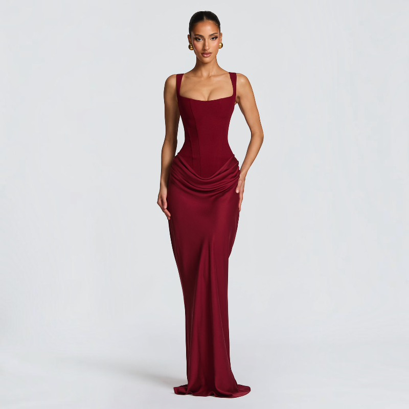 Damen Maxikleid | Maxikleid mit Quadratischem Ausschnitt | Reguläres Ärmelloses Kleid mit Hoher Taille | Schmid