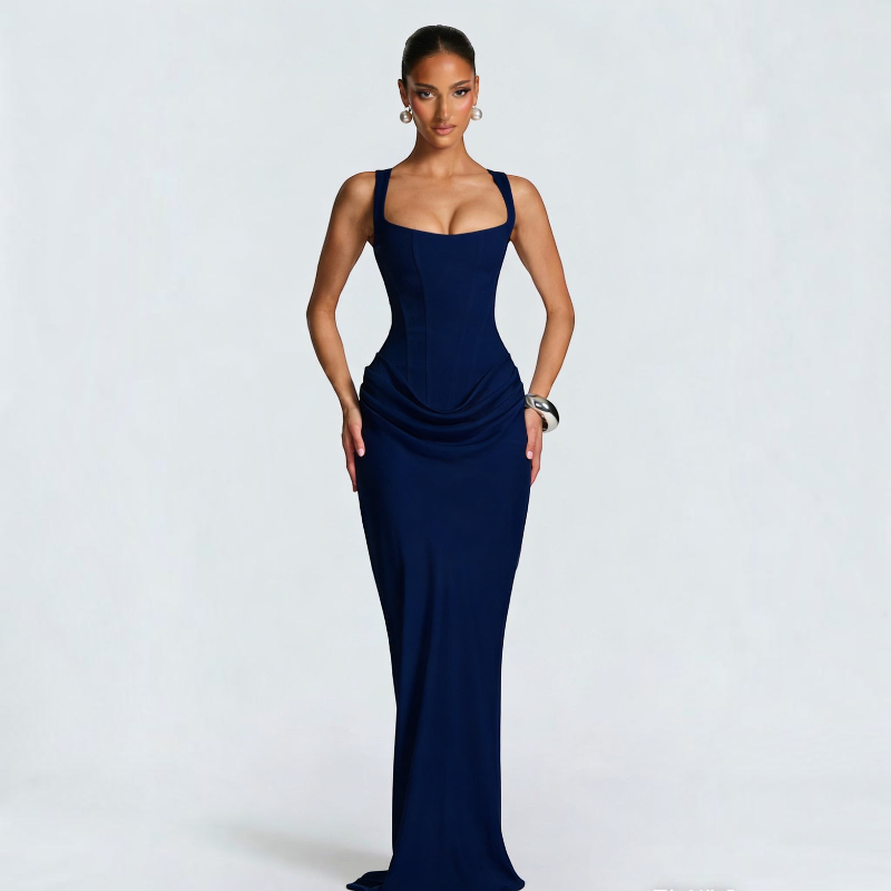 Damen Maxikleid | Maxikleid mit Quadratischem Ausschnitt | Reguläres Ärmelloses Kleid mit Hoher Taille | Schmid