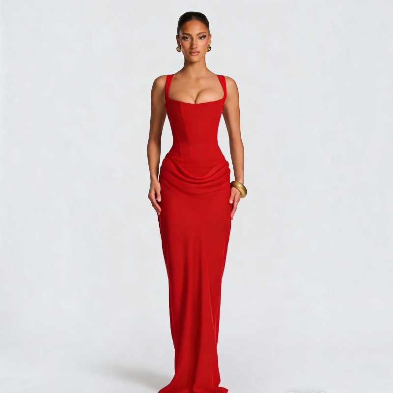 Damen Maxikleid | Maxikleid mit Quadratischem Ausschnitt | Reguläres Ärmelloses Kleid mit Hoher Taille | Schmid