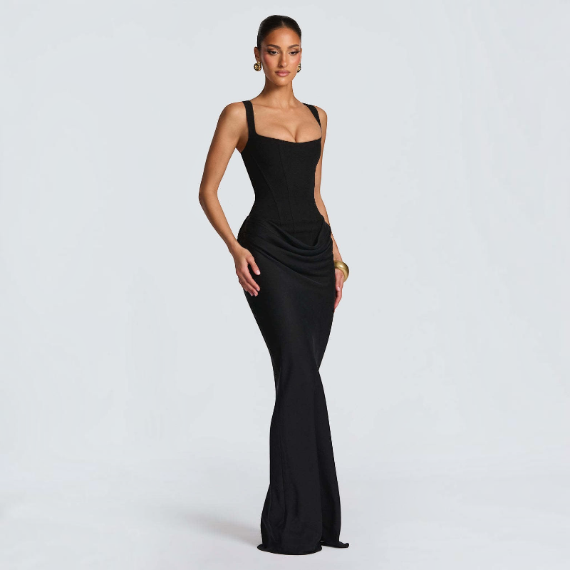 Damen Maxikleid | Maxikleid mit Quadratischem Ausschnitt | Reguläres Ärmelloses Kleid mit Hoher Taille | Schmid