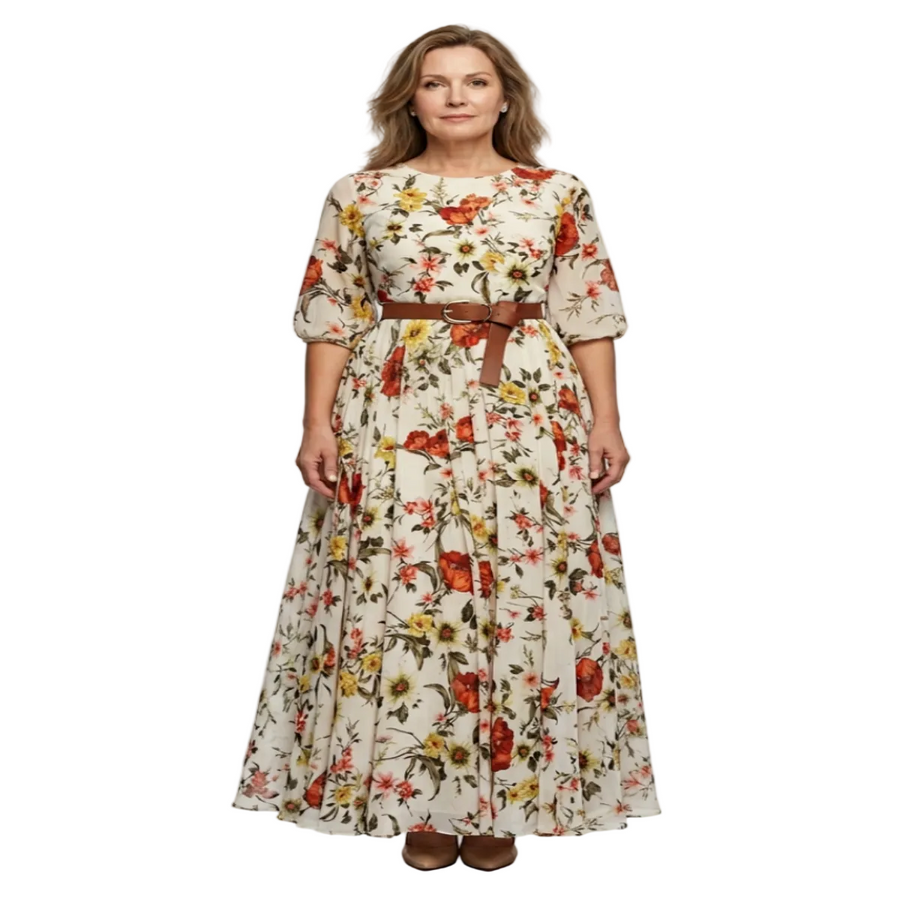 Blumenkleid - Damen Maxikleid Geblümtes Kleid mit Rundhalsausschnitt