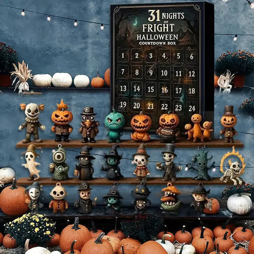 Halloween Countdown Box PVC-Mix | 31 Mini Figuren & Dekorationen | 30 × 24 × 2,8 cm Saisonales Countdown-Set | Schmid