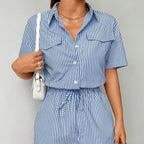 Damen Jumpsuit aus Polyester | Gestreifter Jumpsuit mit Regulärer Passform | Kurzarmdesign für Alltag und Freizeit | Schmid