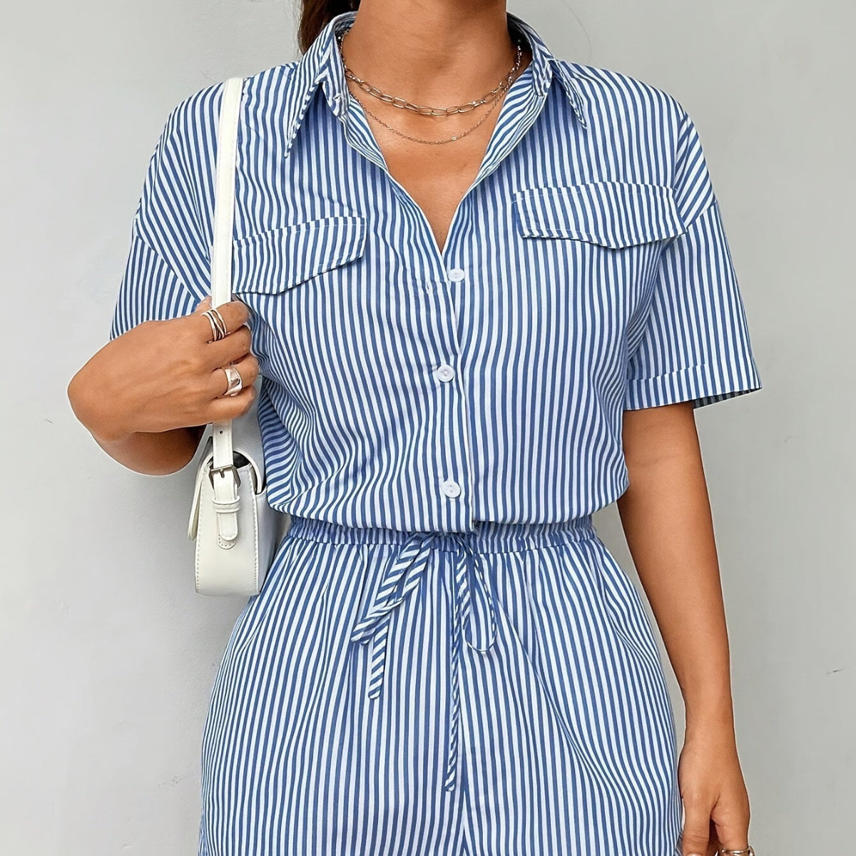 Damen Jumpsuit aus Polyester | Gestreifter Jumpsuit mit Regulärer Passform | Kurzarmdesign für Alltag und Freizeit | Schmid