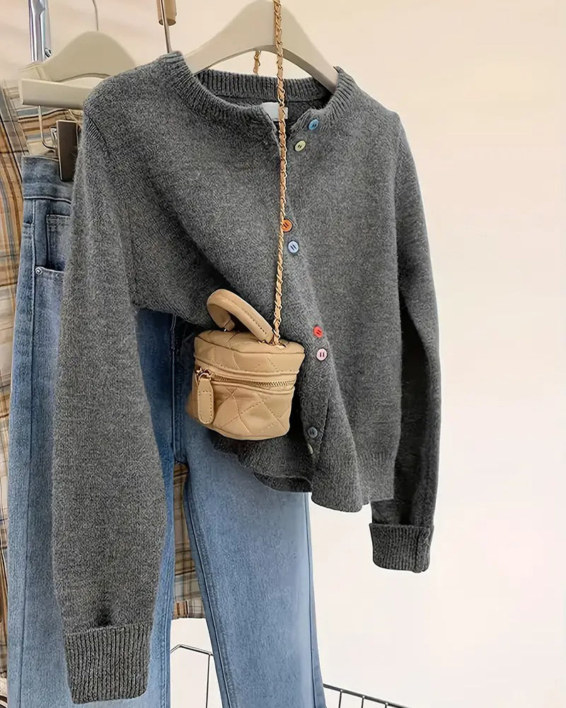 Damen Strickjacke – Langarm, einfarbig, Knopfverschluss