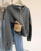 Damen Strickjacke – Langarm, einfarbig, Knopfverschluss