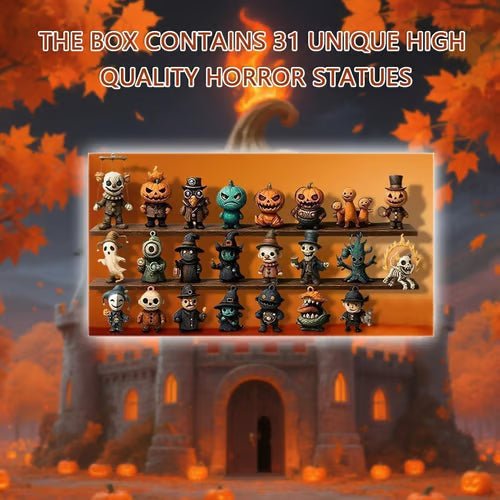 Halloween Countdown Box PVC-Mix | 31 Mini Figuren & Dekorationen | 30 × 24 × 2,8 cm Saisonales Countdown-Set | Schmid