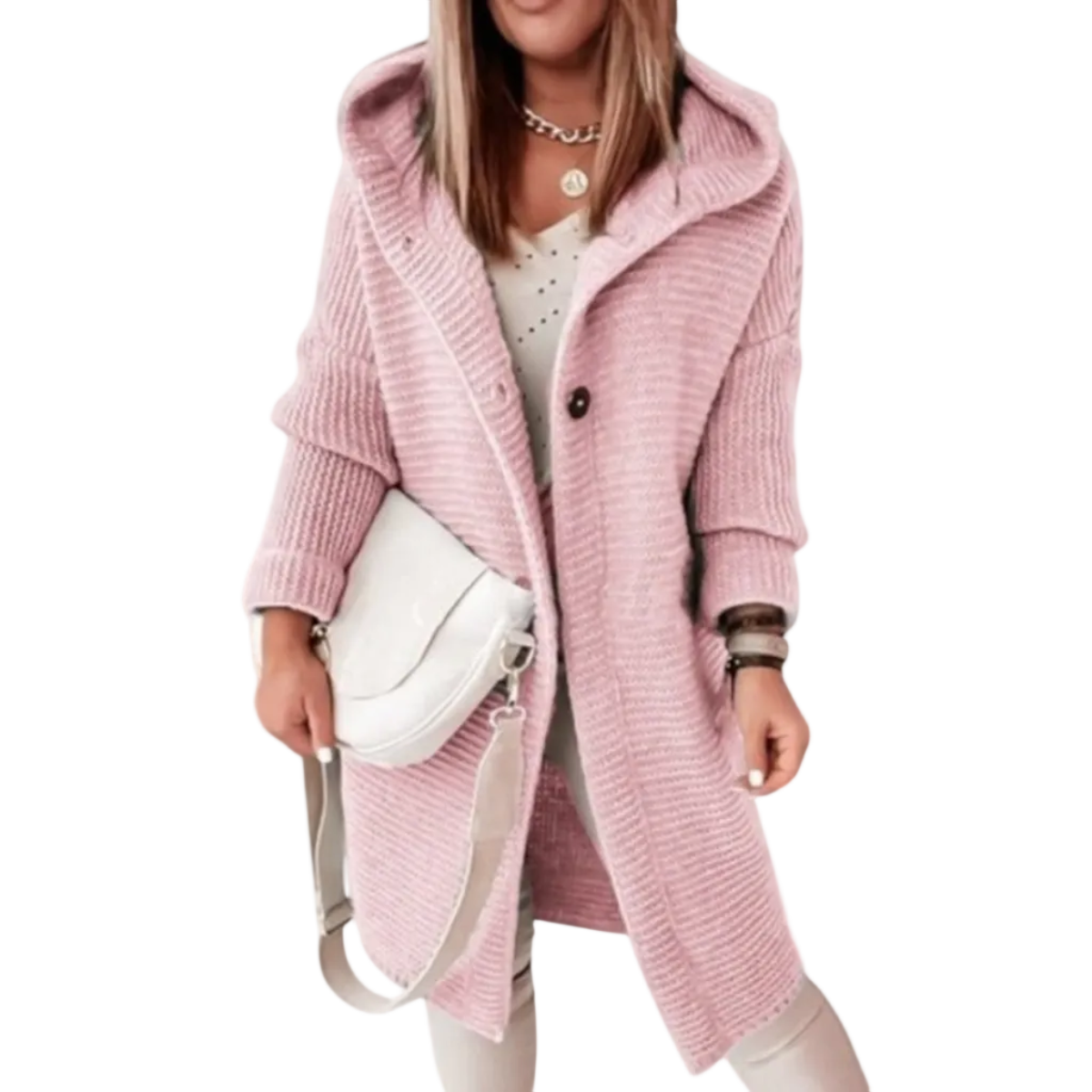 Damen Strickjacke aus Polyester und Spandex | Kapuzen Strickjacke mit Langarm und Knopfleiste | Alltag und Freizeit | Schmid