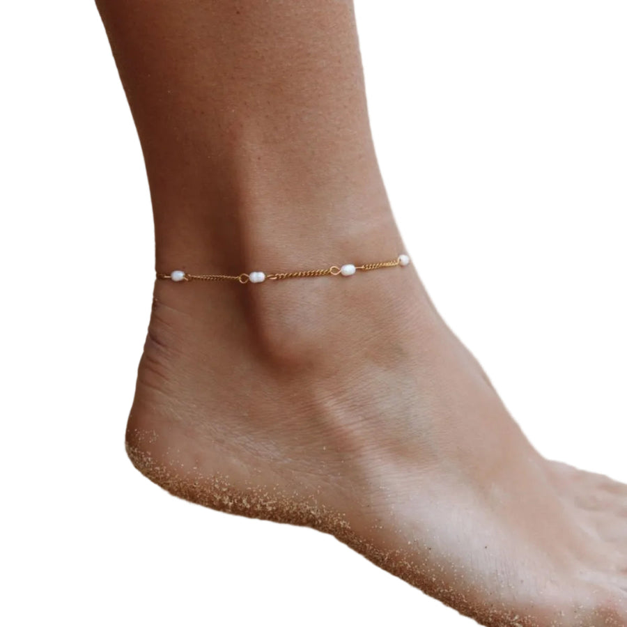 Fußkette mit Süßwasserperlen | Verstellbare Silberfußkette mit Goldfarbener PVD-Beschichtung | Alltagsschmuck | Schmid