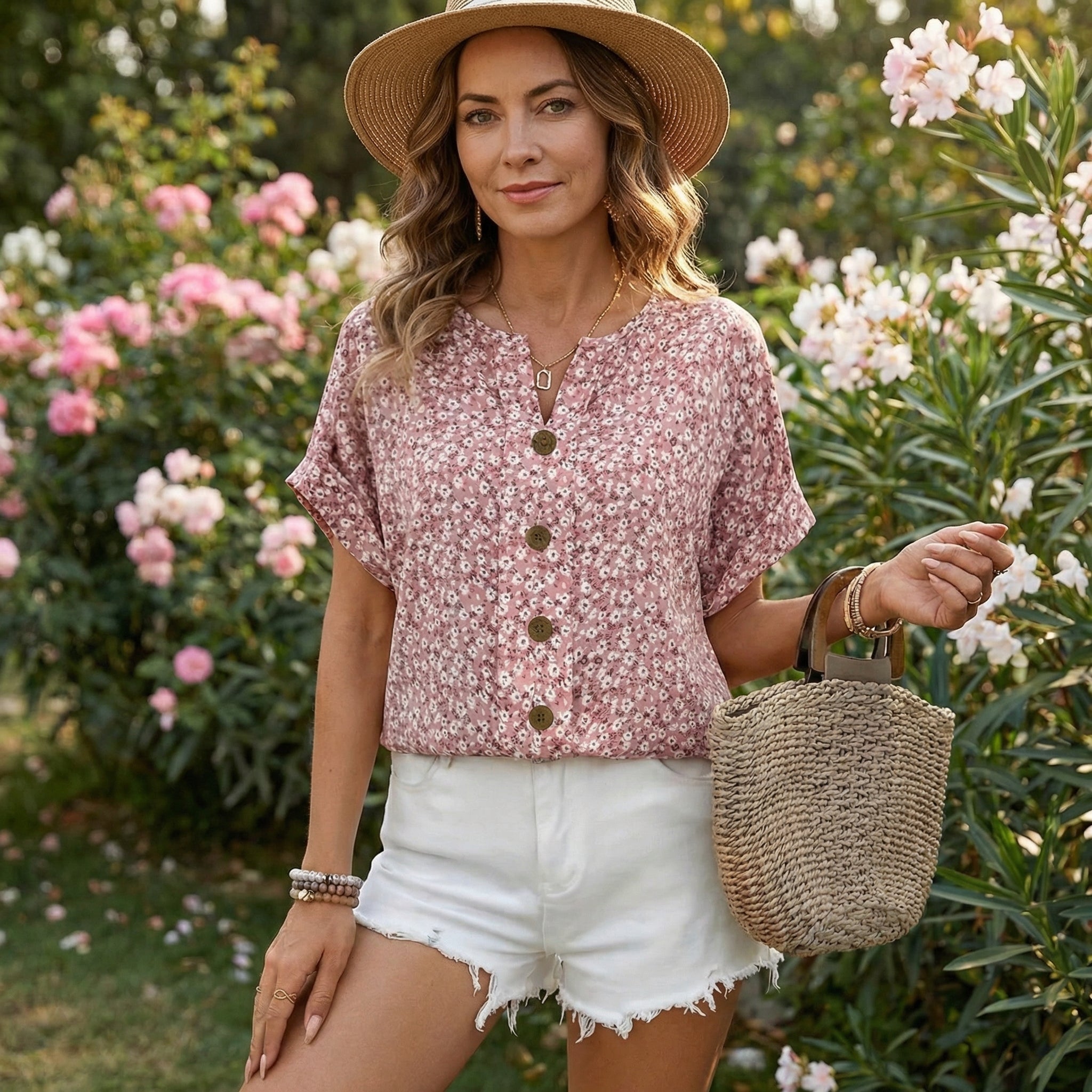 Lillie Buttonfront Sommer-Top – Damen Kurzarm Top mit Blumenprint