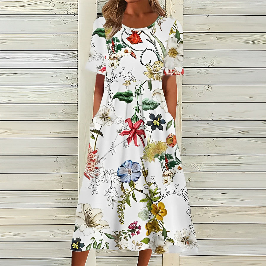Damen Sommerkleid Midikleid mit Blumenmuster und Kurzarm