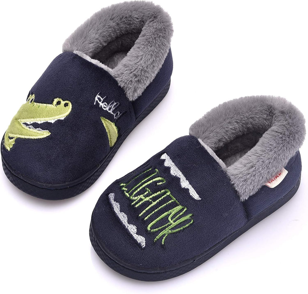 Gefütterte Kinderhausschuhe | Baumwolle, Plüsch & Kunstfellfutter | Slip-On Schuhe mit Einhorn- oder Krokodilmotiv | Schmid