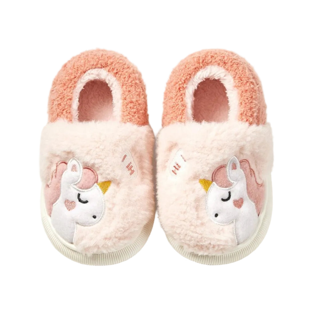 Kinderhausschuhe aus Plüsch | Baumwollfutter & Gummisohle | Slip-On Innenschuhe mit Bär, Einhorn oder Hai | Schmid