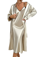 Damen Satin Nachthemd und Morgenmantel Set | Midi Schlafset mit V Ausschnitt und Langarm Morgenmantel | Nachtwäsche | Schmid