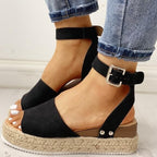 Damen Sommerschuhe Mit Plateau – Sandalen Aus Kunstvelours Mit Verstellbaren Knöchelriemen