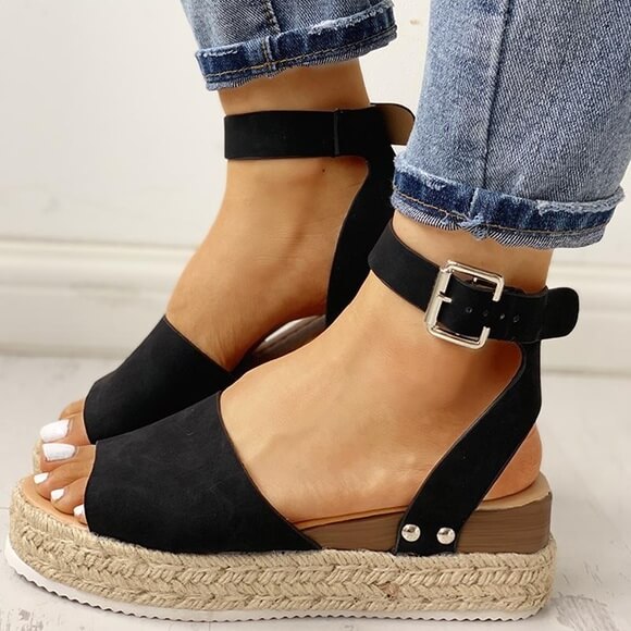 Damen Sommerschuhe Mit Plateau – Sandalen Aus Kunstvelours Mit Verstellbaren Knöchelriemen