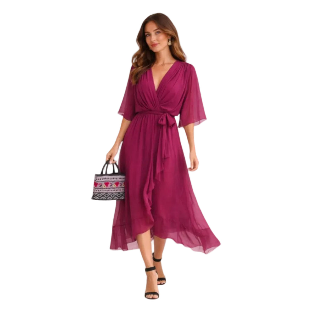 Damen Midikleid | Midikleid mit V-Ausschnitt und Fledermausärmeln | Reguläre Passform für Alltag und Besondere Anlässe | Schmid