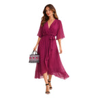 Damen Midikleid | Midikleid mit V-Ausschnitt und Fledermausärmeln | Reguläre Passform für Alltag und Besondere Anlässe | Schmid