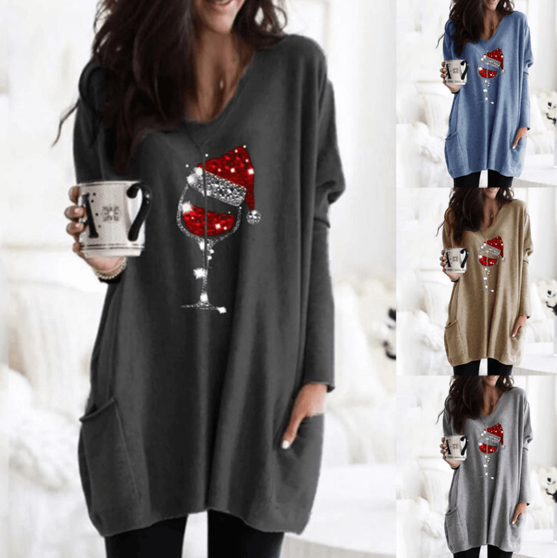Damen Weihnachts Wein Grafik Sweatshirt – Lässiger Feiertagspullover Mit Festlichem Motiv
