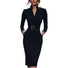 Damen Bodycon Kleid aus Baumwollmischung | V-Ausschnitt Kleid mit Langarm Hoher Taille und Seitentaschen | Alltag und Verschiedene Anlässe | Schmid