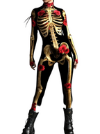 Damen Jumpsuit mit Skelettdruck | Mikroelastischer Polyester Jumpsuit mit Rosenmuster | Halloween Kostüm | Schmid