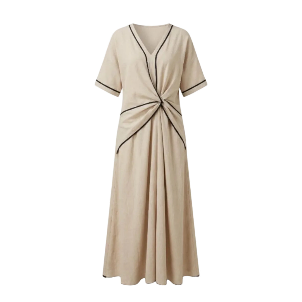 Damen Maxikleid | Maxikleid mit V-Ausschnitt und Twist-Front | Reguläre Passform aus Polyester und Leinen für Alltag und Freizeit | Schmid